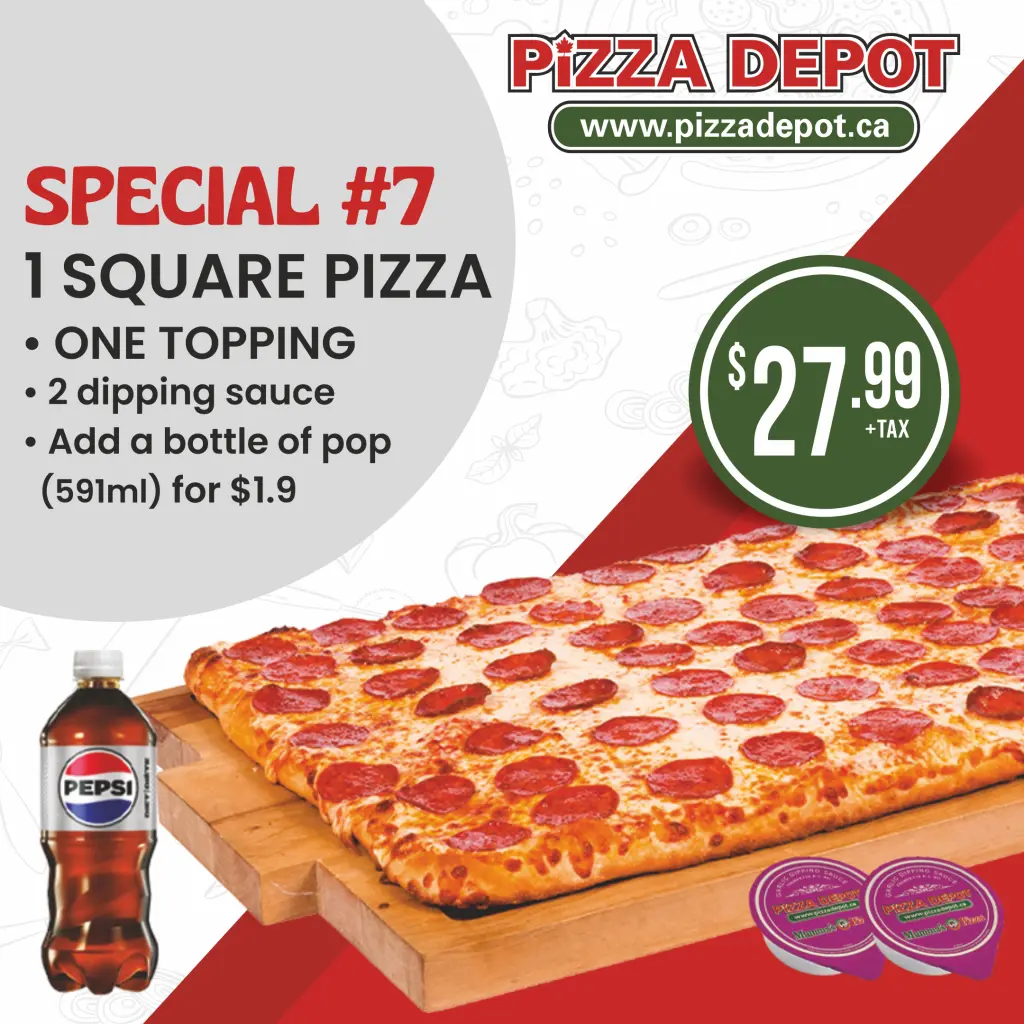 Special #7: Square Pizza with one topping for $27.99